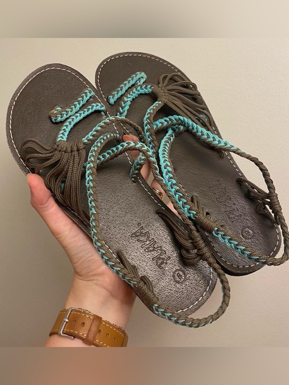 Plaka Braided Brown and Turquoise Sandals